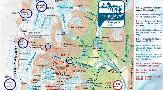 Mapa de la Expedición Patagonia 2023 del Reto Pelayo Vida.