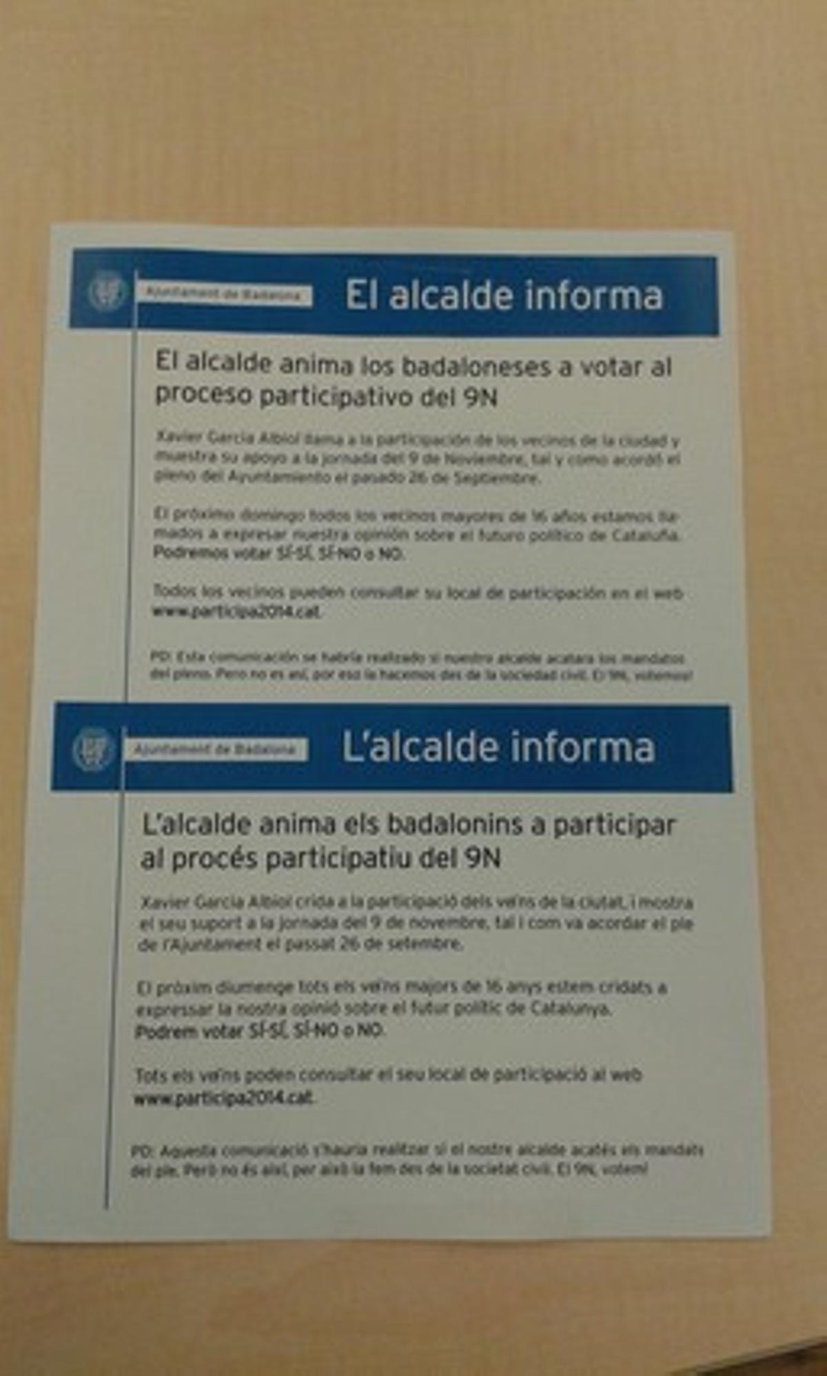 El document difós aquest divendres per Badalona en què l’alcalde suposadament anima a votar el 9-N.