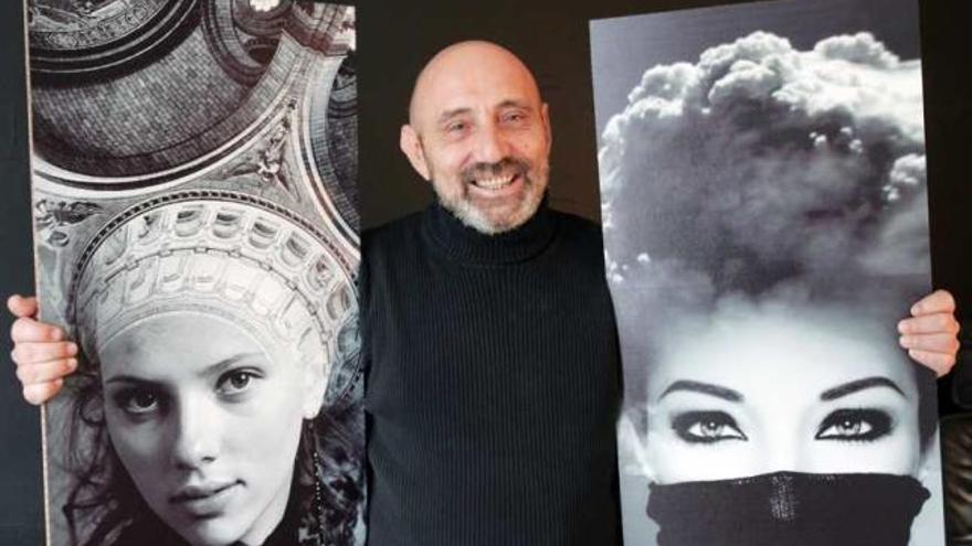 El artista gráfico Antonio Mora, junto a dos de sus últimas obras con rostros conocidos del mundo del cine.
