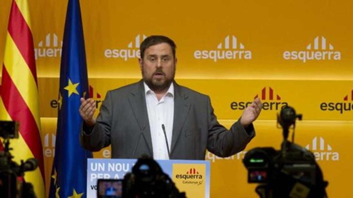 El candidato de ERC, Oriol Junqueras, este lunes en la sede de ERC.