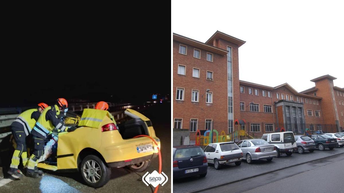 A la izquierda, el coche de la conductora fallecida. A la derecha, fachada del colegio Sagrada Familia El Pilar de Lena