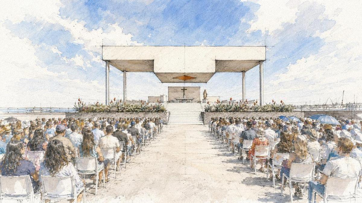 Escenario diseñado por el arquitecto Alejandro Beautell para la misa del Puerto de Santa Cruz del 12 de junio.