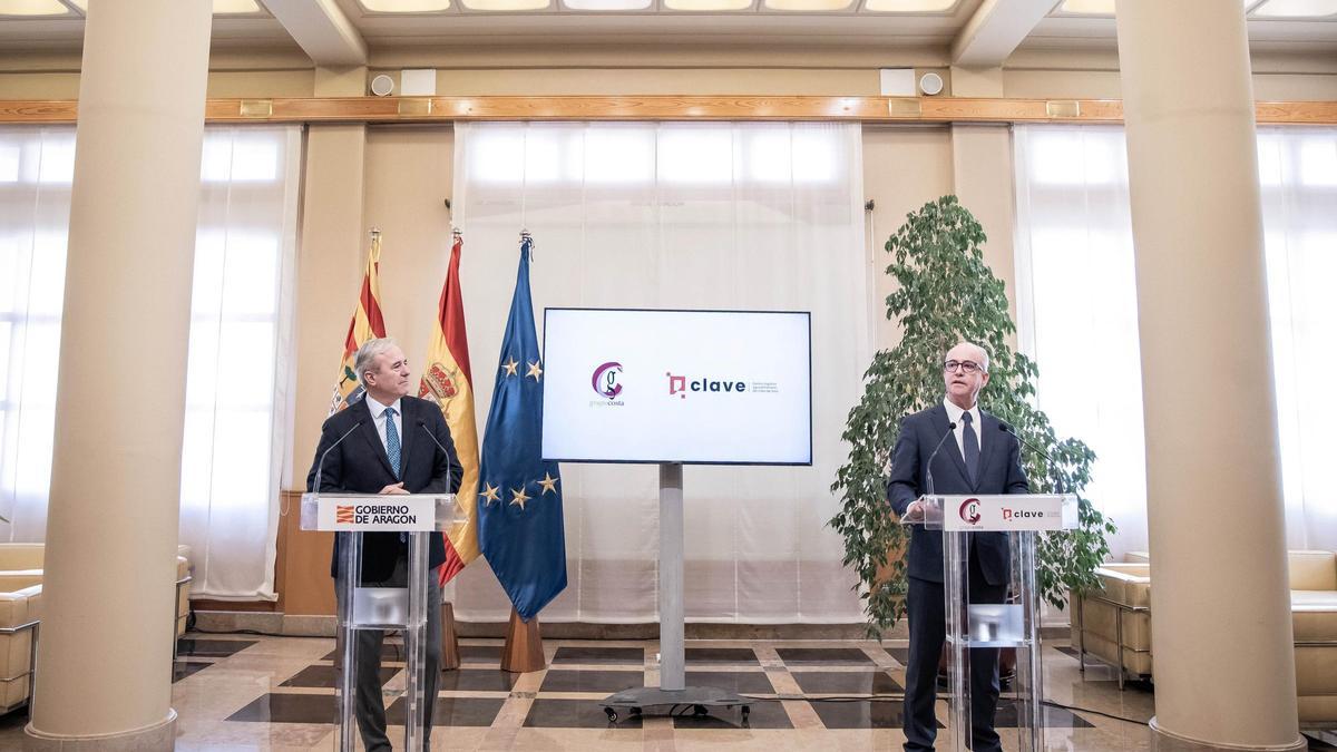 Jorge Azcón, presidente del Gobierno de Aragón, y Jorge Costa, CEO de Grupo Costa, en la presentación del proyecto CLAVE.
