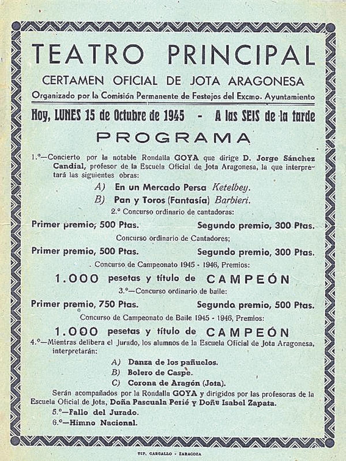 Cartel anunciador del Certamen Oficial de Jota Aragonesa del año 1945