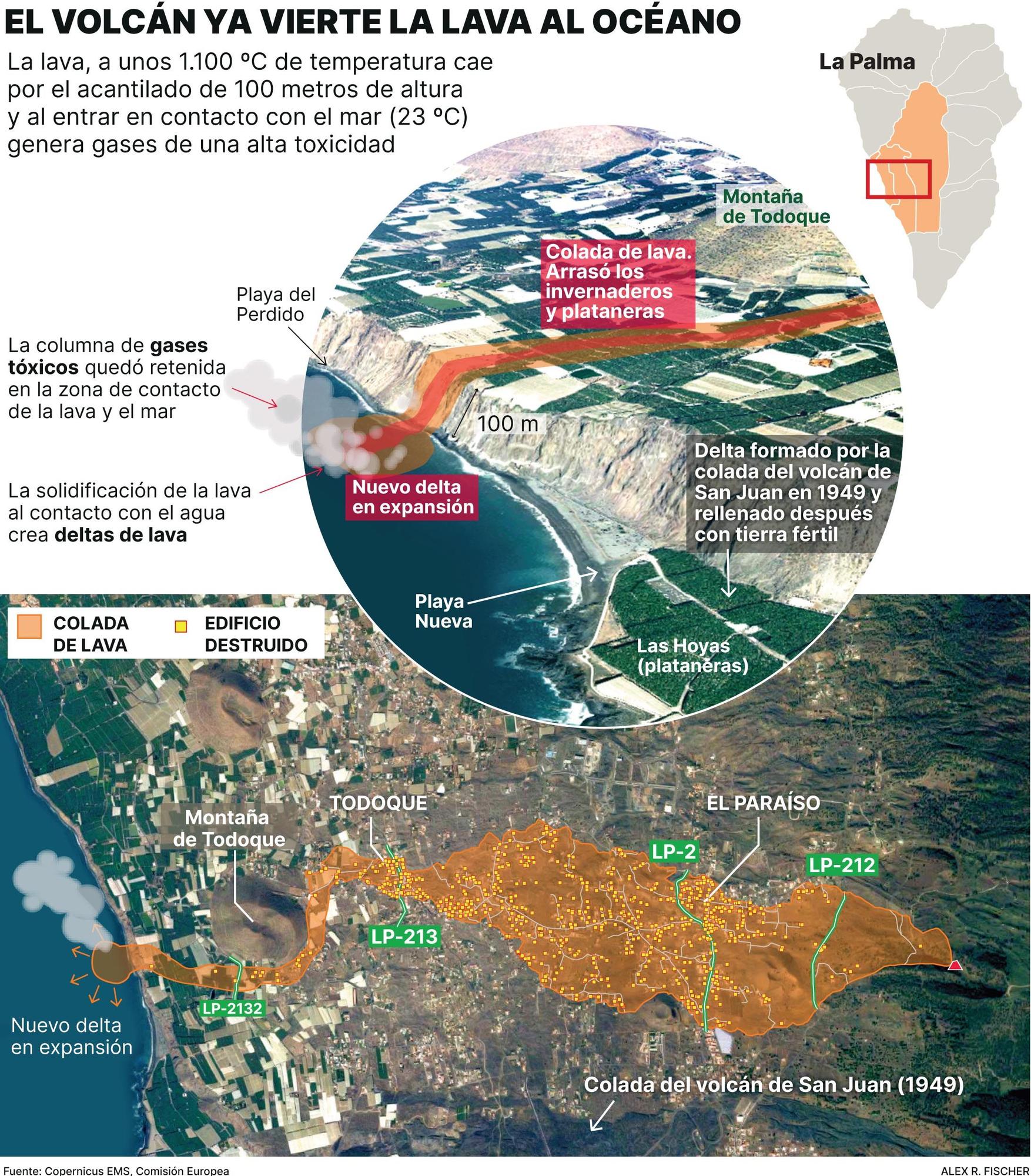 El volcán de La Palma ya vierta la lava al océano.