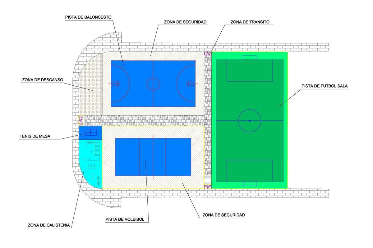 Plano con la distribución de las pistas deportivas.