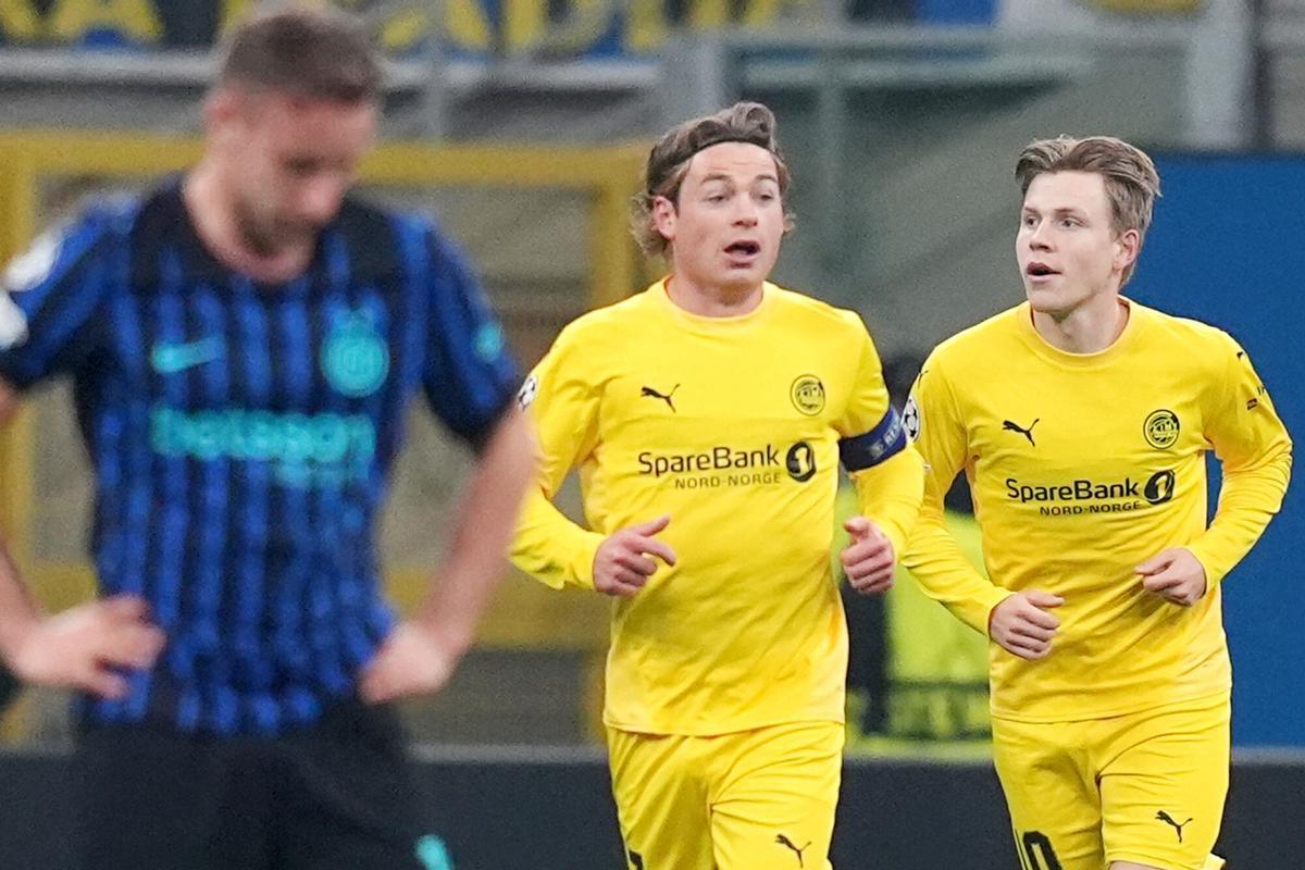 Glimt’s Jens Petter Hauge celebrates after scoring 0-1 during the Uefa Champions League soccer match between Inter and Bodo Glimt at the San Siro Stadium in Milan , north Italy - Tuesday , February 24 , 2026. Sport - Soccer . (Photo by Spada/LaPresse)