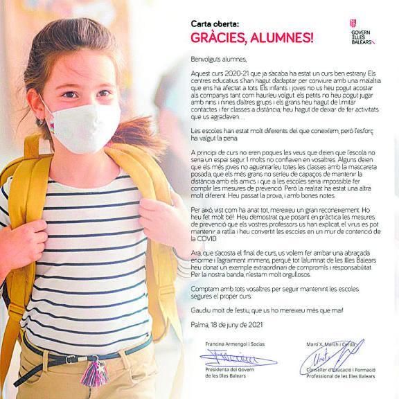Educación pide a los tutores que «hagan llegar» a los alumnos una carta de Armengol | CAIB