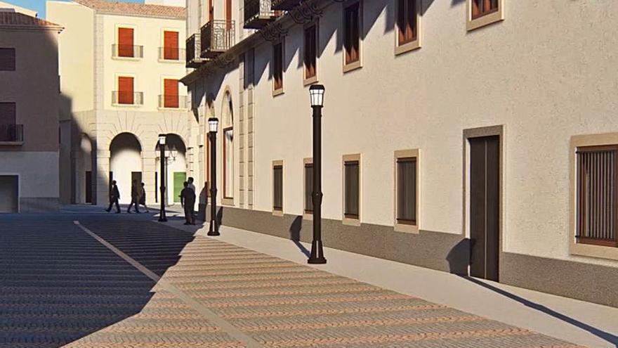 La fachada del ayuntamiento parte de la plaza Major, en la imagen virtual presentada por el Gobierno local. A la derecha, la calle dels Arcs.