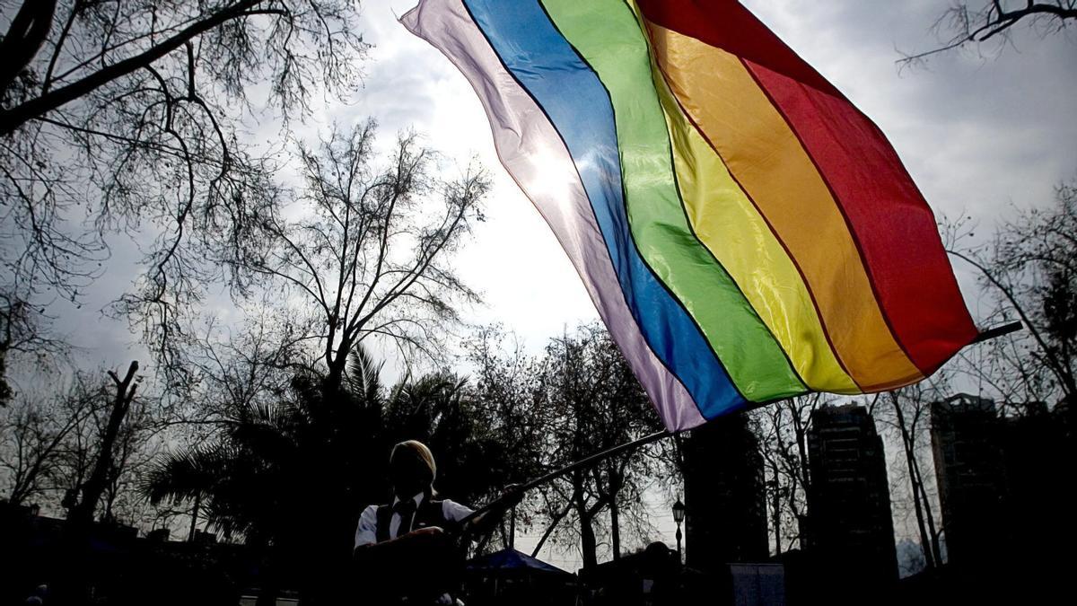Una mujer enarbola una bandera LGTBI en Santiago de Chile.