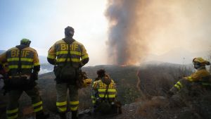 Varios bomberos observan el incendio forestal en La Baña, León, procedente de Porto.