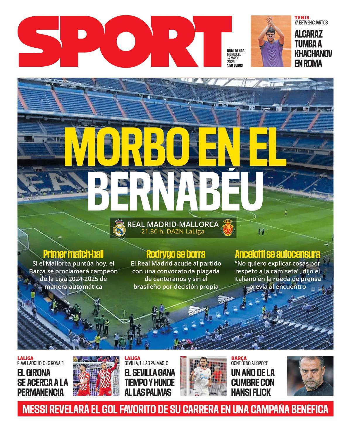 Esta es la portada de SPORT de hoy mi谷rcoles, 14 de mayo de 2025