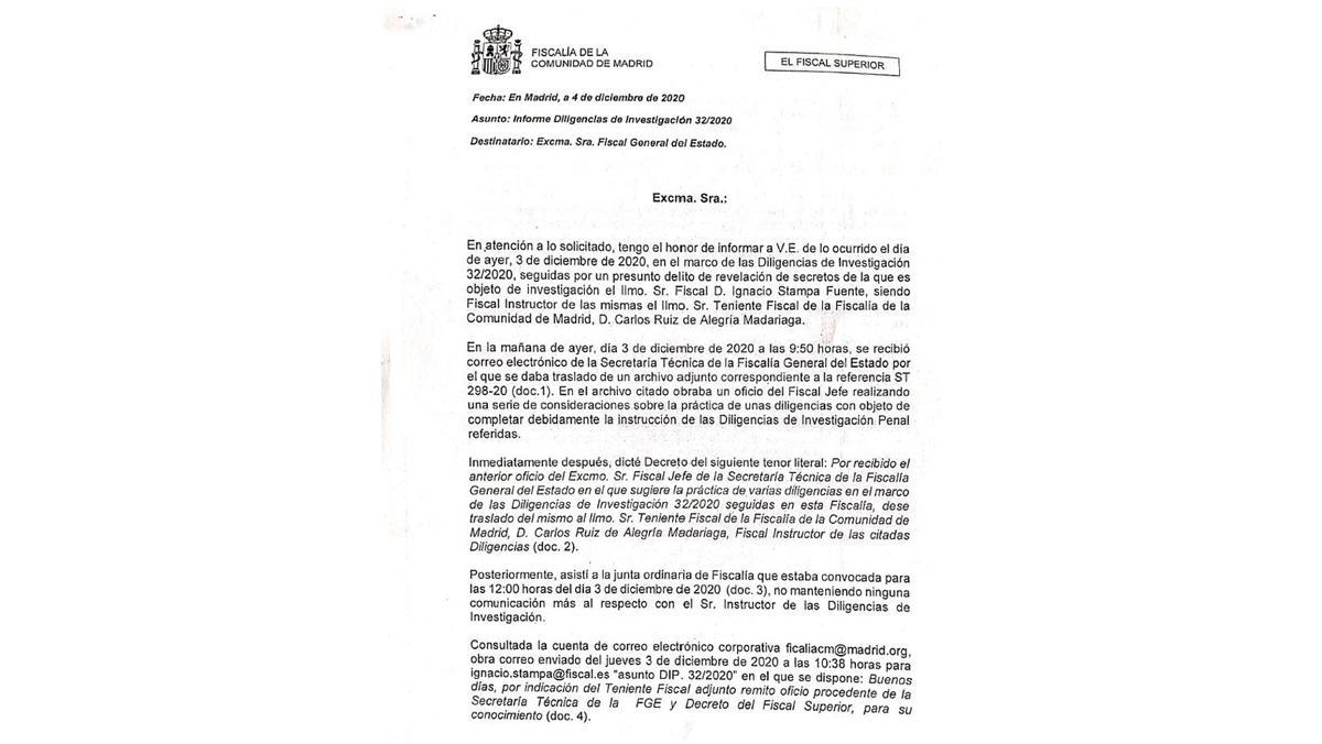 Informe del fiscal superior del TSJM, Jesús Caballero Klink, a la fiscala general del Estado sobre el 'caso Stampa'.