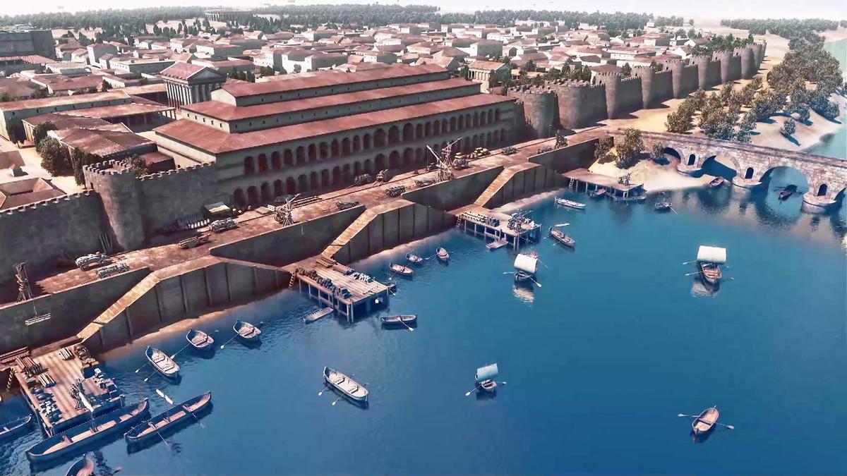 Recreación del puerto fluvial de Caesaraugusta, en una imagen realizada por la serie documental 'Ingeniería romana' de RTVE.