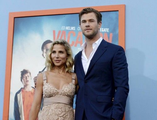 Model Elsa Pataky and cast member Chris Hemsworth pose during the premiere of the film "Vacation" at the Regency Village Theatre in the Westwood section of Los Angeles