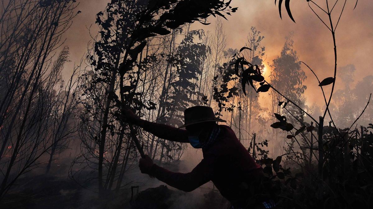 Un campesino lucha contra el fuego en Guatavita, cerca de Bogotá, el 22 de enero del 2022.