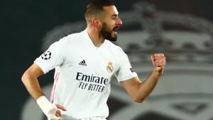Soccer Football - Champions League - Group B - Real Madrid v Borussia Moenchengladbach - Estadio Alfredo Di Stefano  Madrid  Spain - December 9  2020 Real Madrid s Karim Benzema celebrates scoring their first goal REUTERS Sergio Perez