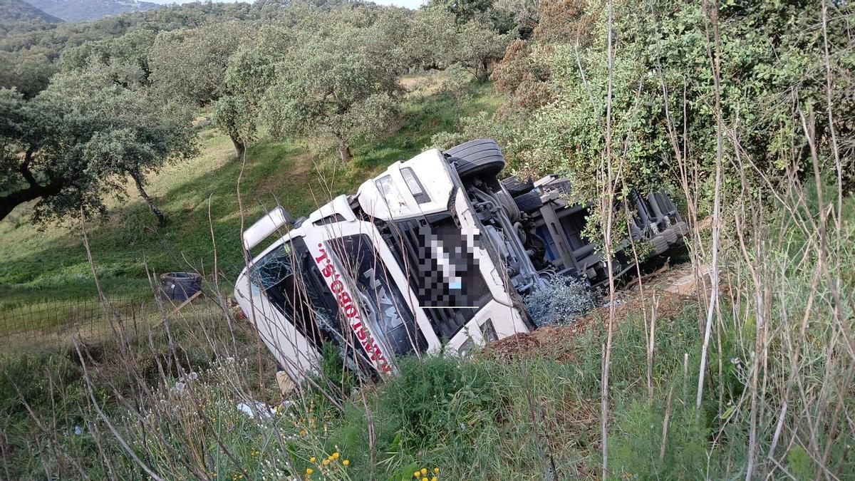 Así ha quedado el vehículo tras salirse de la vía en la EX-112.