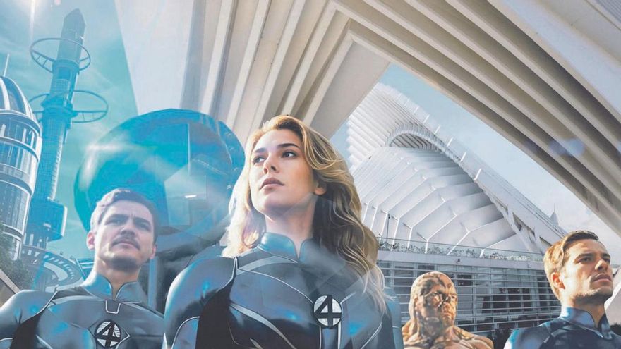 1.-Montaje de los actores con el Calatrava de fondo. 2.-Pedro Pascal durante su visita al colegio Buenavista de Oviedo. 3.-Una de las escenas rodadas en el Calatrava. 4.-Por la izquierda, Ebon Moss-Bachrach, Pedro Pascal, Vanessa Kirby y Joseph Quinn, el jueves en Londres durante el estreno mundial de la película. | LNE