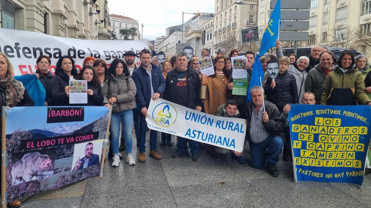 Ganaderos asturianos, en Madrid, tras la votación en el Congreso a favor de desproteger el lobo.