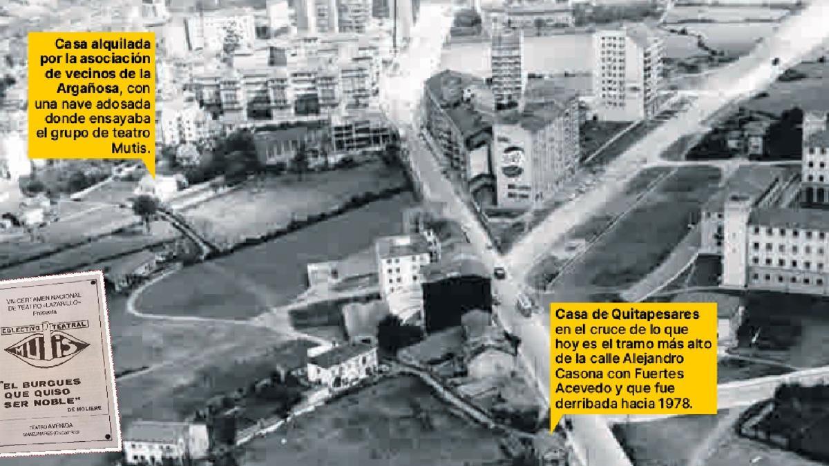 Vista aérea de la Ería más próxima a Buenavista. A la izquierda, el local de la asociación de vecinos la Argañosa  y un anuncio de una obra de Mutis. Abajo, la casa de Quitapesares.