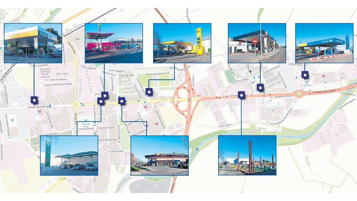 Les vuit gasolineres entre l'avinguda Vilallonga i Vilatenim.