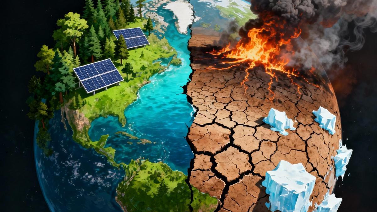 La imagen representa la encrucijada de la humanidad: activar un cambio positivo y regenerativo o sucumbir a un colapso climático en cascada, tal como advierte el "Global Tipping Points Report".