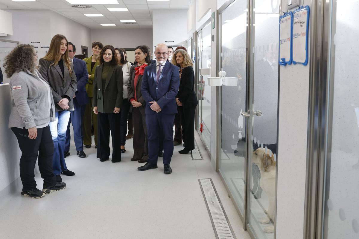 La presidenta de la Comunidad de Madrid, Isabel Díaz Ayuso (c), y la Infanta Sofía (2i), visitan, este viernes, el nuevo hospital del Centro de Cría y Adiestramiento de la Fundación ONCE del Perro Guía.