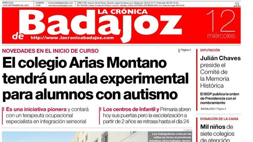 Esta es la portada de LA CRÓNICA DE BADAJOZ correspondiente al día 12 de septiembre del 2018