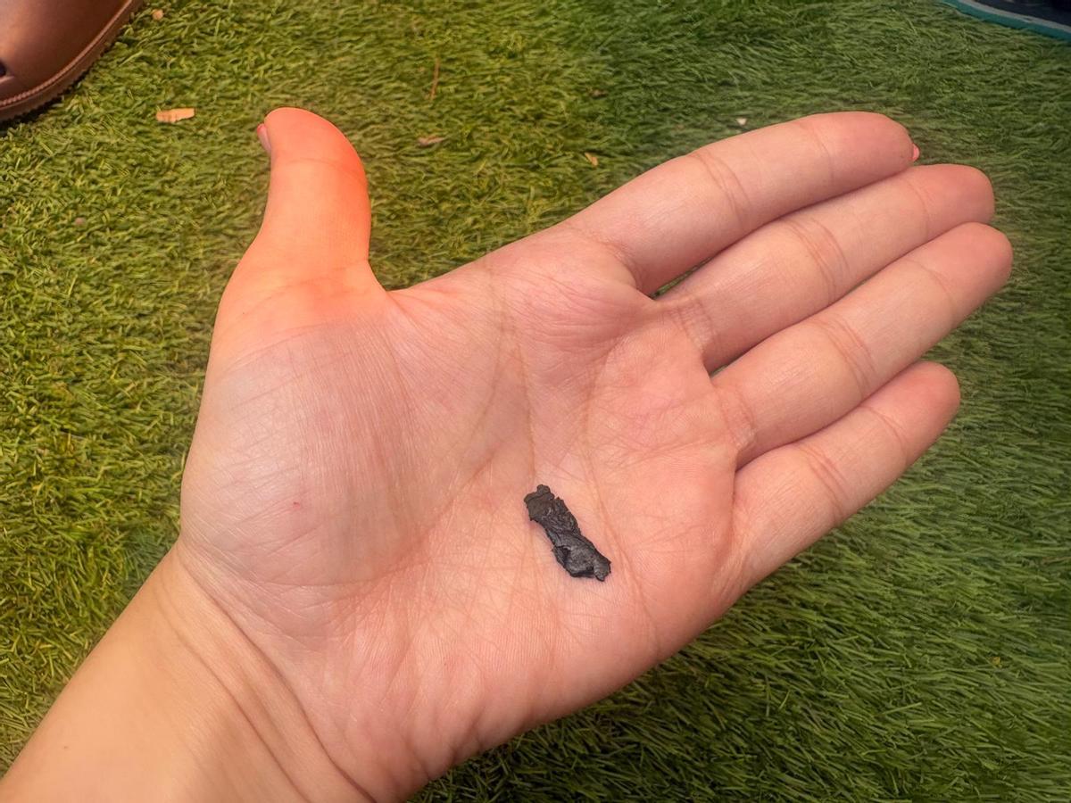 Un fragment de cendra caigut de Sant Feliu de Guíxols a la zona afectada pel fum.