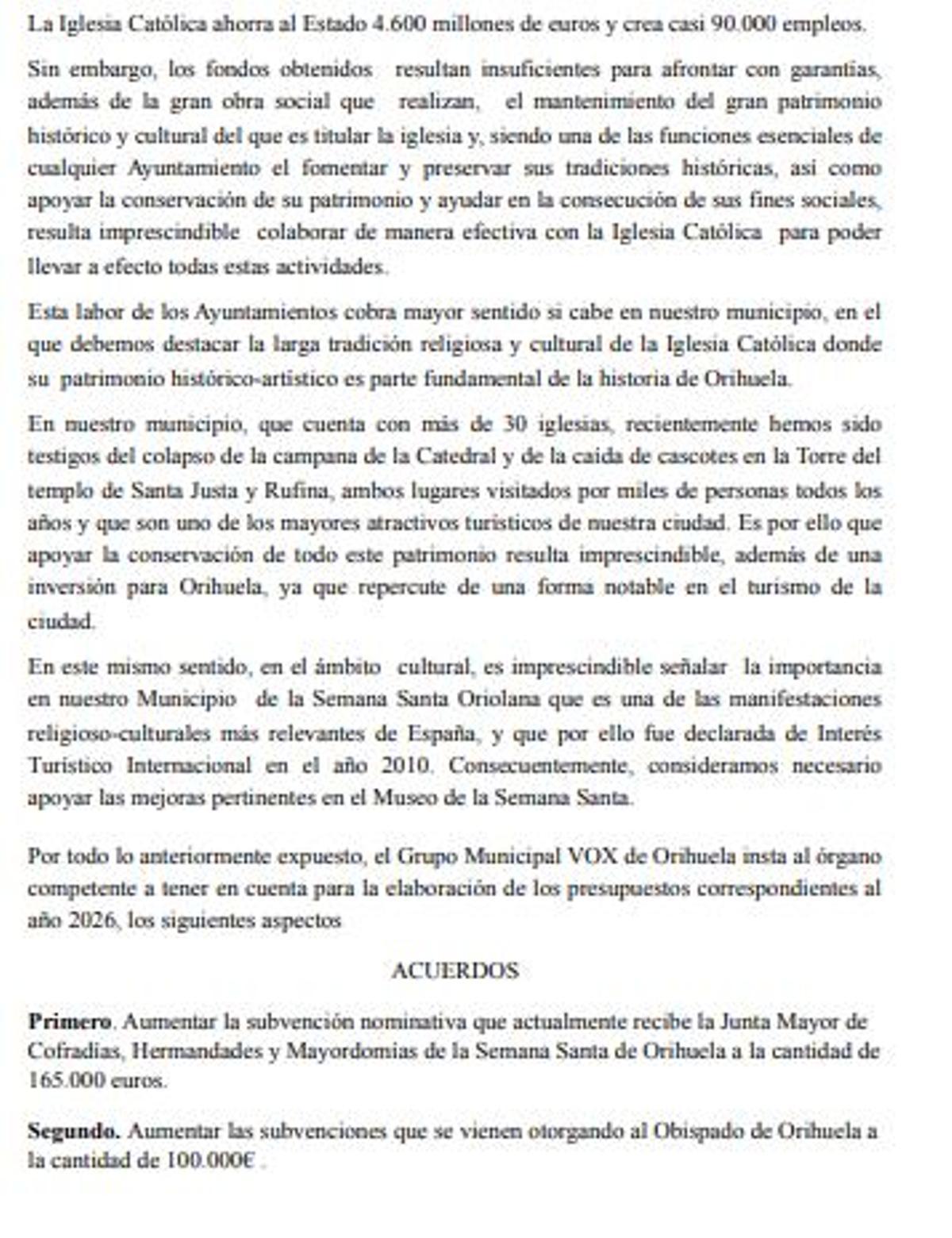 Extracto de la moción firmada por el portavoz de Vox, Manuel Mestre