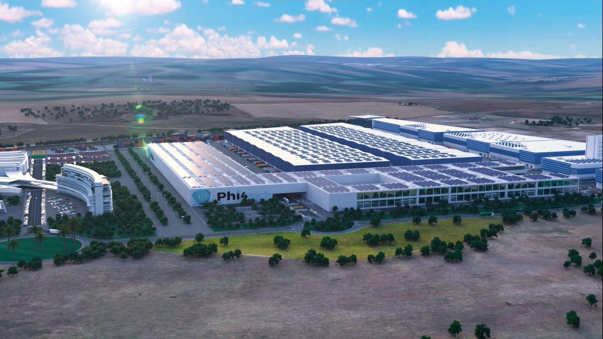 Recreación de la fábrica de celdas de baterías que Phi4tech en la plataforma logística de Badajoz y que estará lista en 2024. La iniciativa ya ha atraído el interés por la instalación de una planta fotovoltaica con la que se aseguraría el suministro eléctrico.