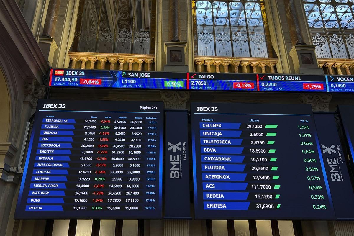Paneles del Ibex 35 en el Palacio de la Bolsa de Madrid.