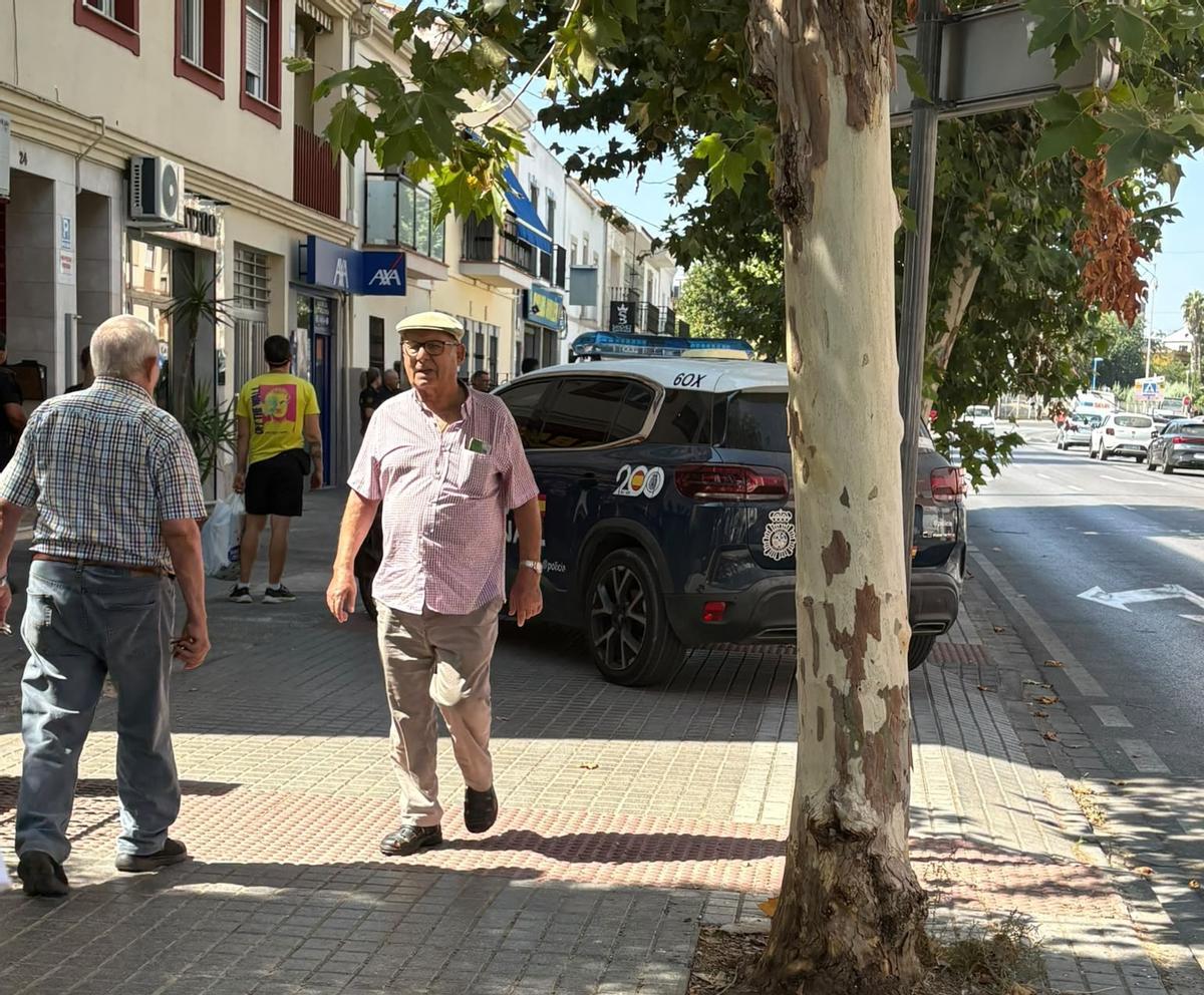 Un vehículo de la Policía Nacional junto al lugar del altercado en la avenida Juan Carlos I de Mérida.
