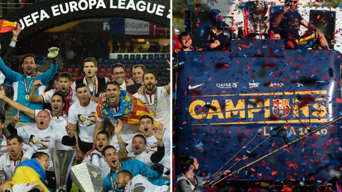 Izquierda: El Sevilla celebra la conquista de Europa League 2015/16 frente al Liverpool. Derecha: El Barça durante la Rúa por el título de Liga 2015/16