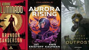 Portadas de El hombre iluminado, Aurora Rising y Outpost, algunos de las novedades en ciencia ficción.