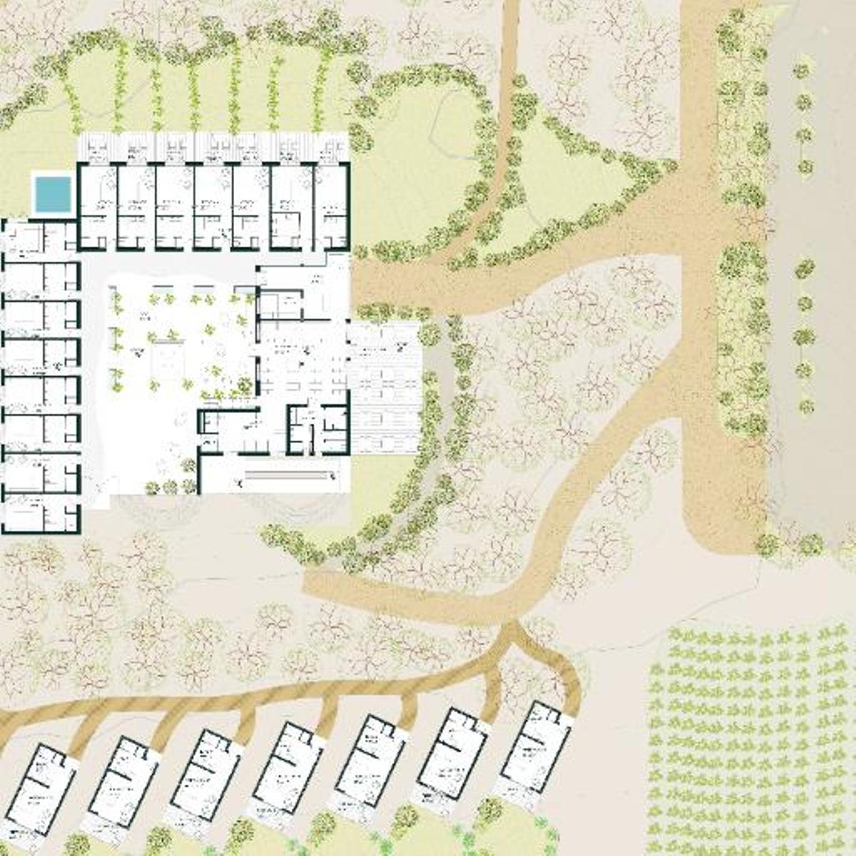Planta general del alojamiento sobre la parcela de la casa agrícola y las cabañas