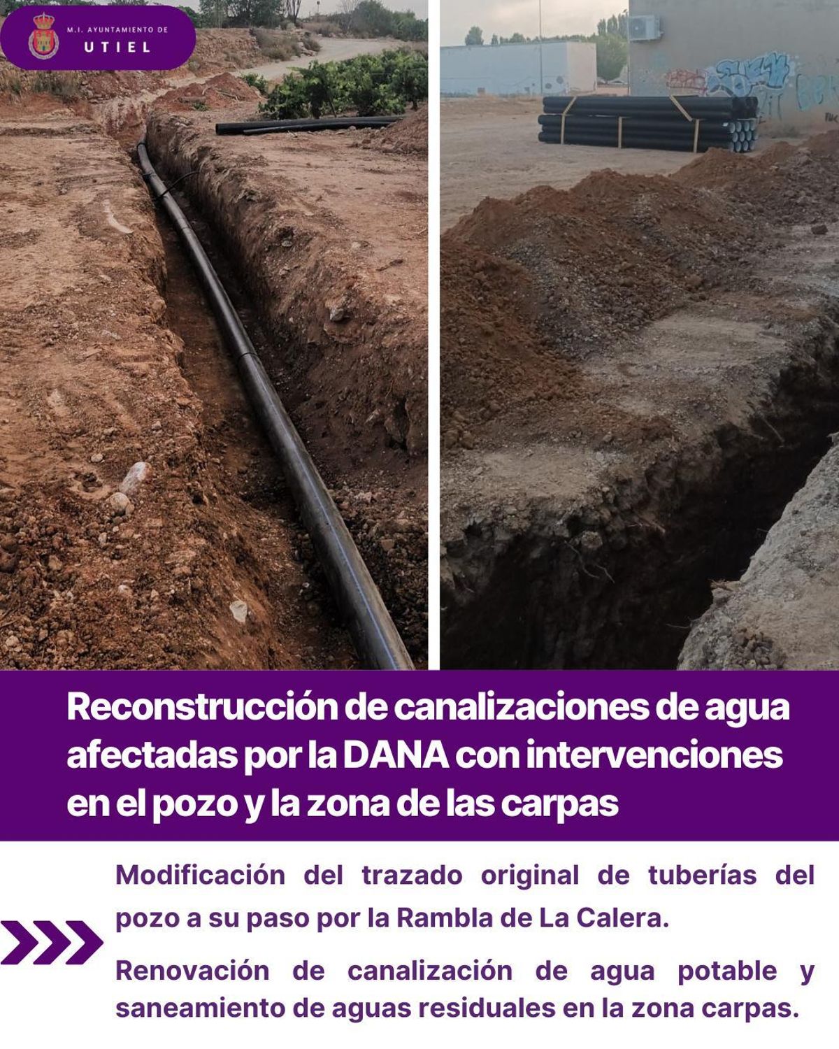 Infografía del Ayuntamiento de Utiel sobre la reconstrucción de canalizaciones de agua.