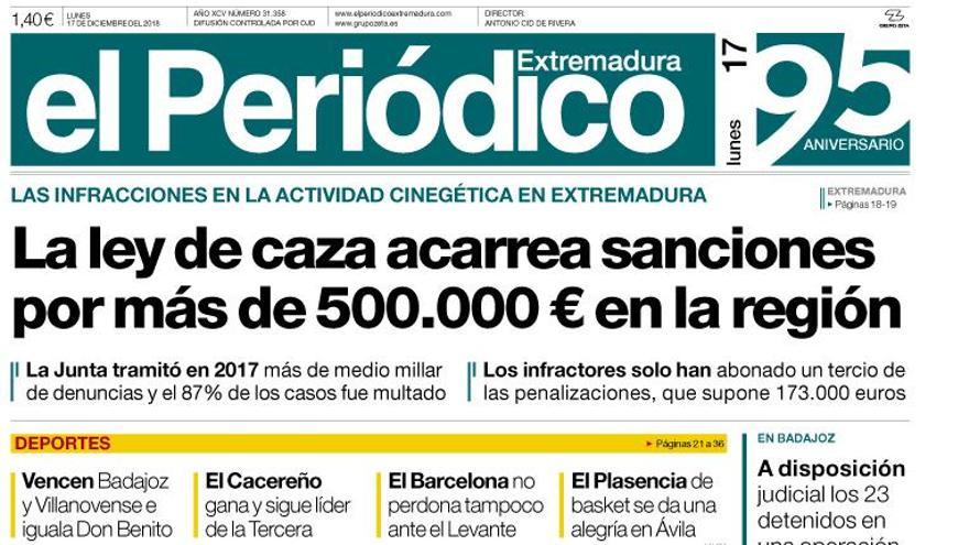 Esta es la portada de EL PERIÓDICO EXTREMADURA correspondiente al día 17 de diciembre del 2018