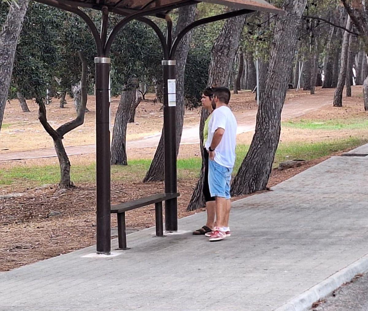 Unos usuarios consultan el horario del bus Groguet en la marquesina de la parada ubicada en el Termet.