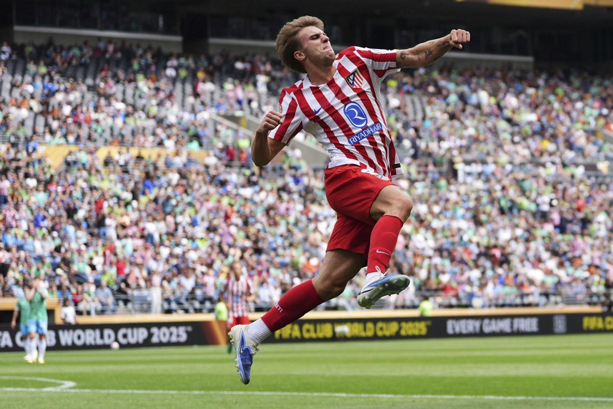 Atletico Madrid's Pablo Barrios celebrates scoring his side's opening goal during the Club World Cup group B soccer match between Seattle Sounders and Atletico Madrid in Seattle, Thursday, June 19, 2025. (AP Photo/Lindsey Wasson)