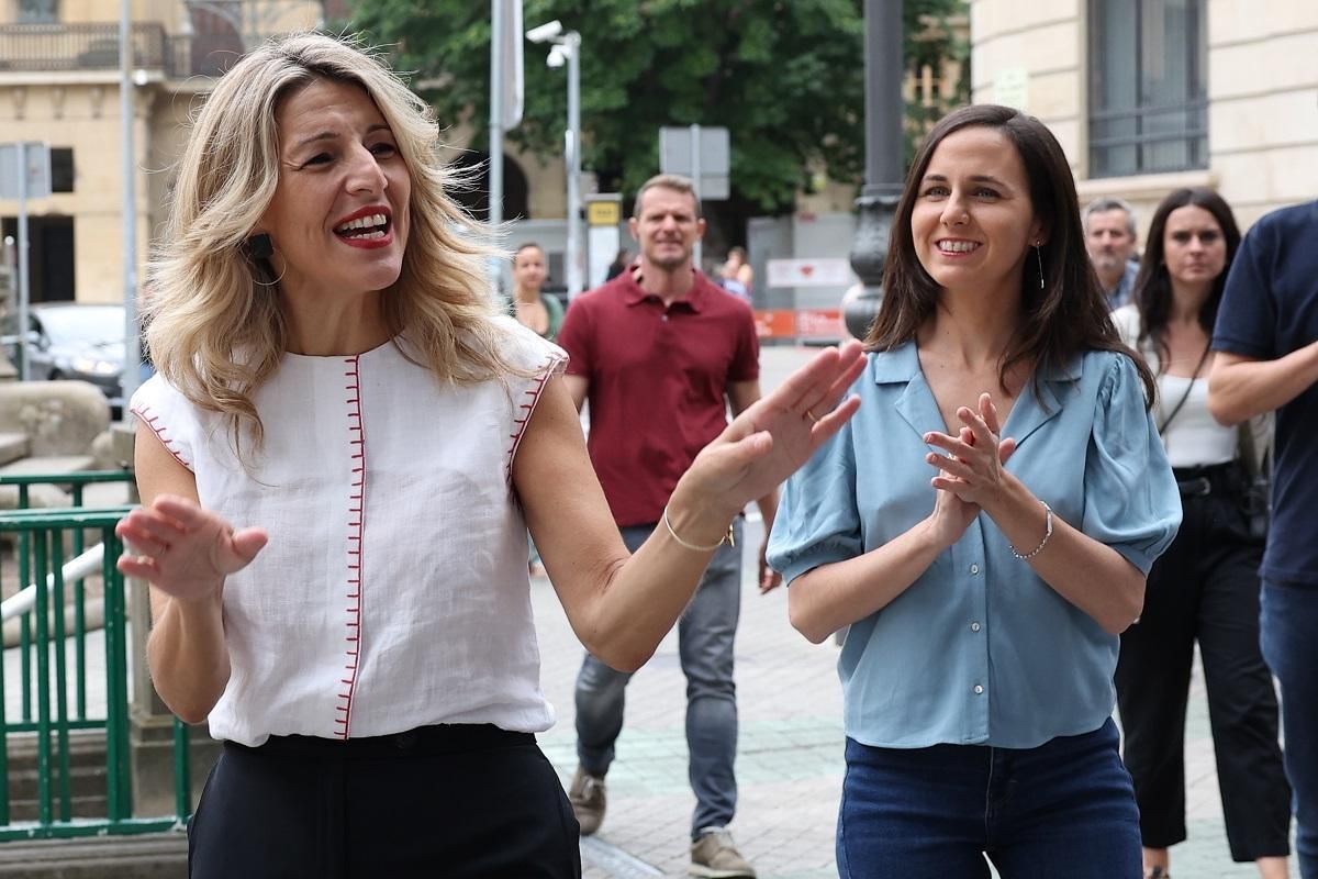 La líder de Sumar, Yolanda Díaz, con la secretaria general de Podemos, Ione Belarra, en la campaña del 23-J.