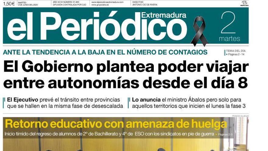 Esta es la portada de EL PERIÓDICO EXTREMADURA correspondiente al día 2 de junio del 2020