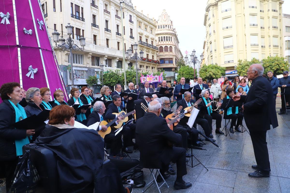 La agrupación coral Fantasía Cordobesa en la primera de sus actuaciones este martes, en la Plaza de las Tendillas.