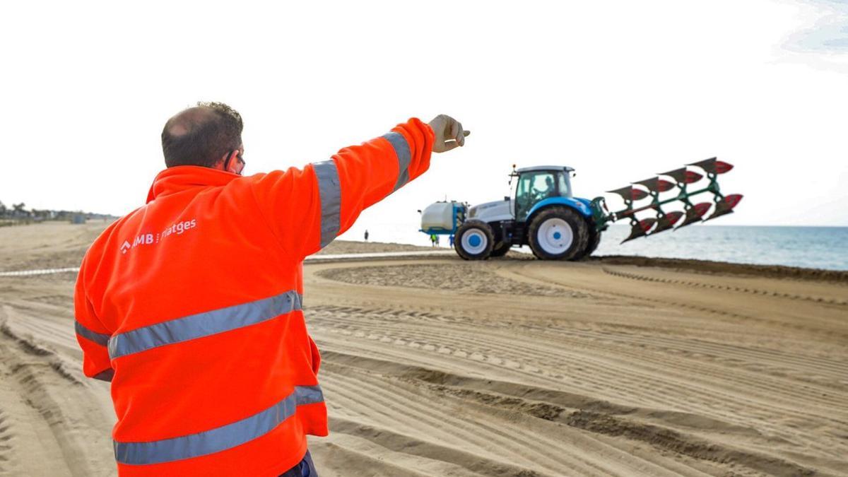 Un operario y un tractor labrando la playa de Castelldefels, este martes