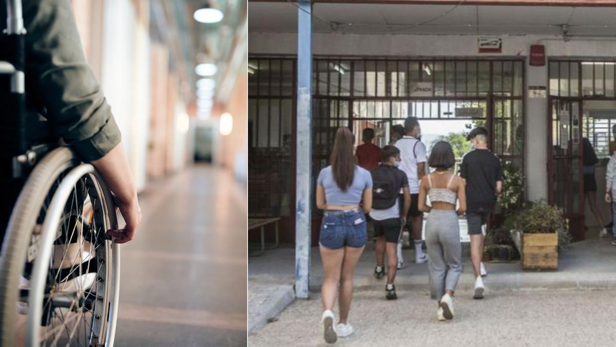 Una persona en silla de ruedas junto a varios estudiantes accediendo a un instituto de la provincia en una imagen de archivo