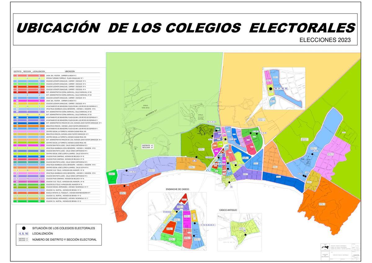 Mapa con la ubicación de todos los colegios electorales que se abrirán en Benidorm el 28M.