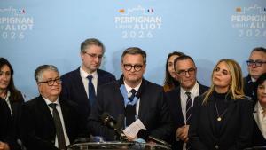 El alcalde de Perpinyà, Louis Aliot, la noche del domingo tras salir ganador en las elecciones.