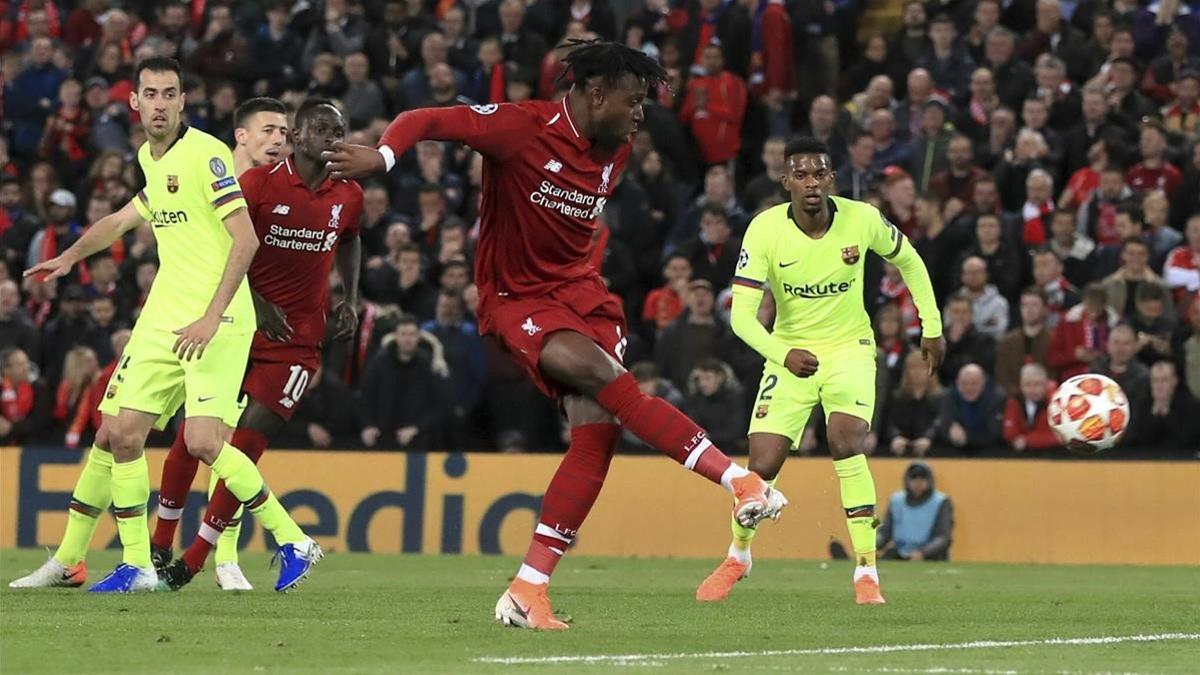 Origi anota el cuarto y letal gol del Liverpool ante el Barça en Anfield.