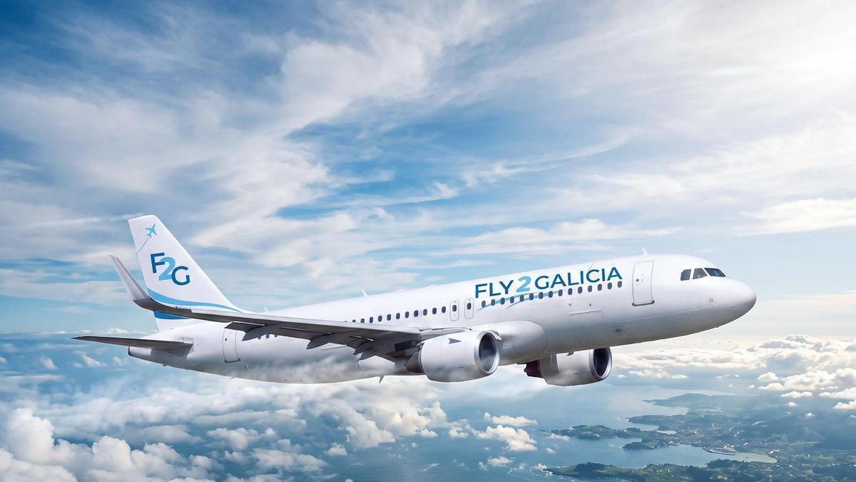 Imagen creada con Inteligencia Artificial por Fly2Galicia del Airbus A320 que operará sus vuelos.